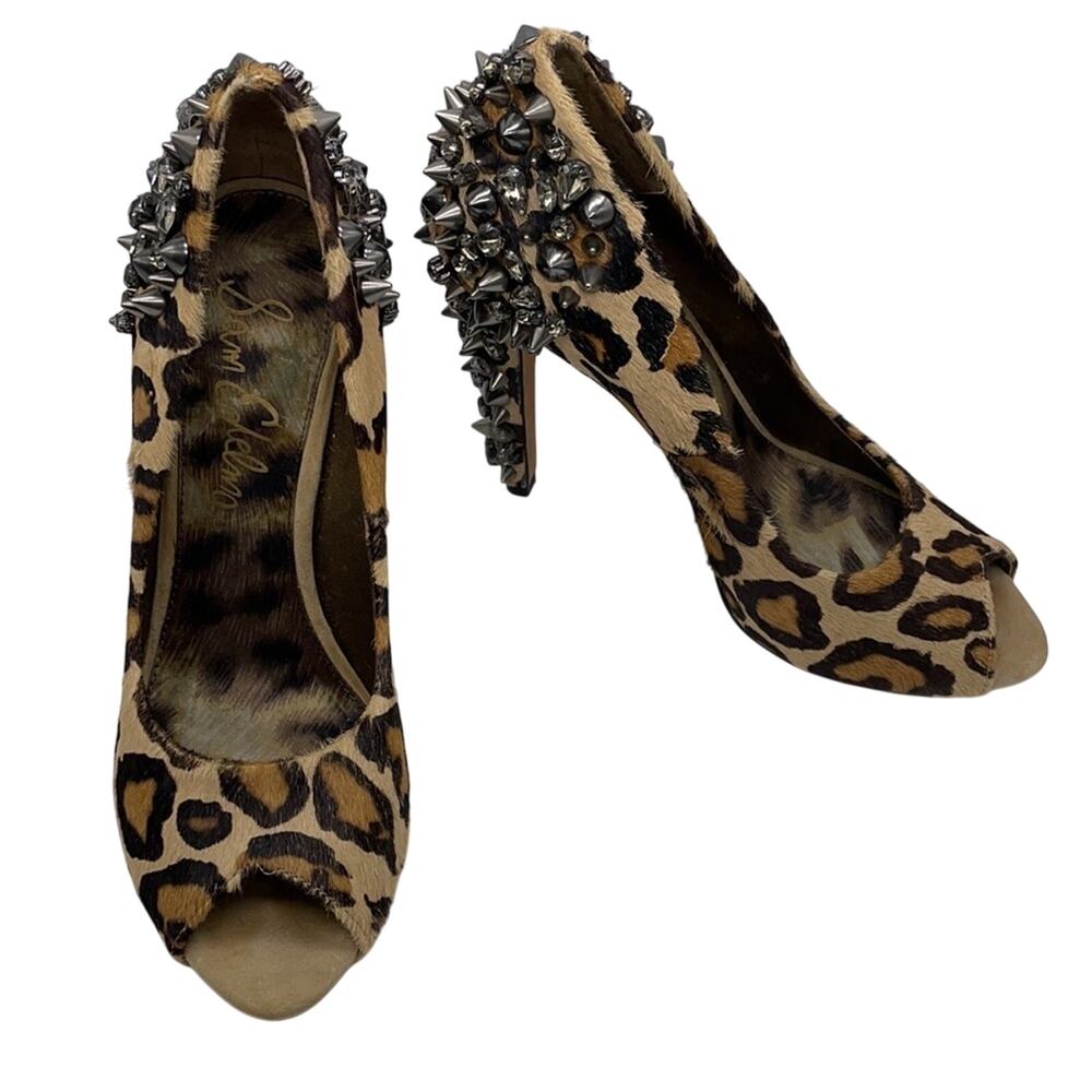 Sam Edelman Lorissa Peep Toe Heels Leopard Print Pony Hair Spiked Studs SZ 6